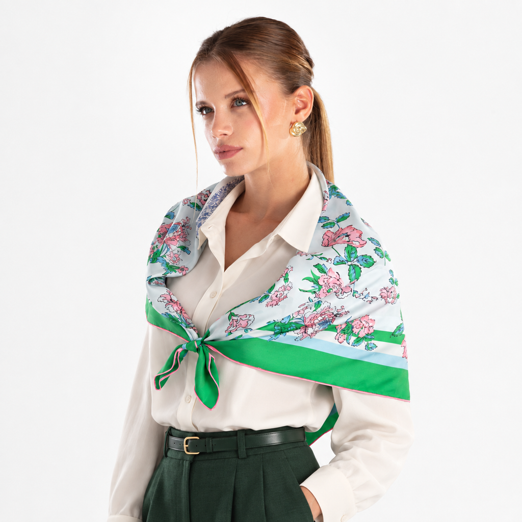 Giovanni Boulera Green Garden Flowers Pattern Mulberry Twill Silk Scarf 90x90 cm