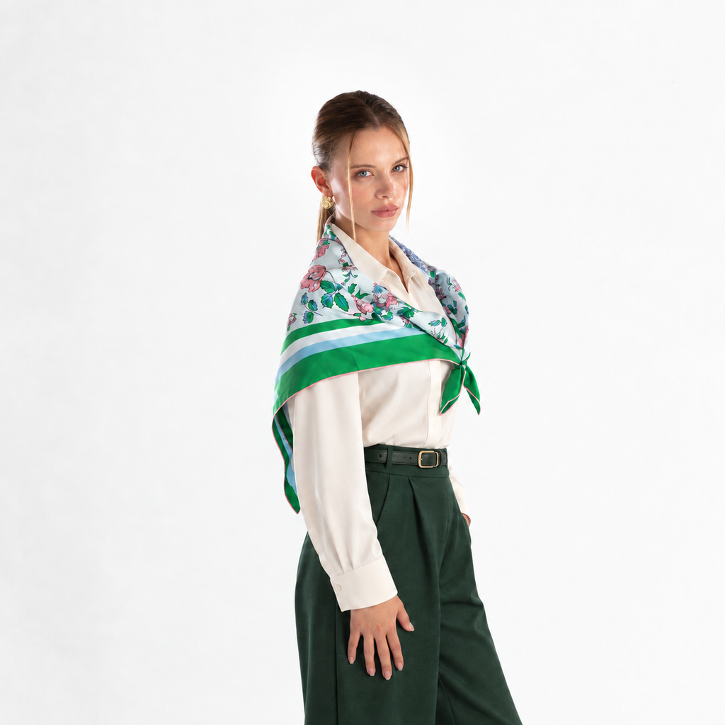 Giovanni Boulera Green Garden Flowers Pattern Mulberry Twill Silk Scarf 90x90 cm