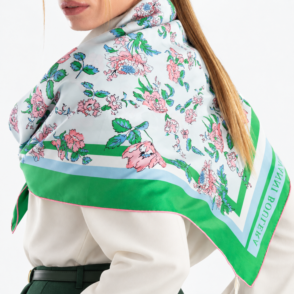 Giovanni Boulera Green Garden Flowers Pattern Mulberry Twill Silk Scarf 90x90 cm