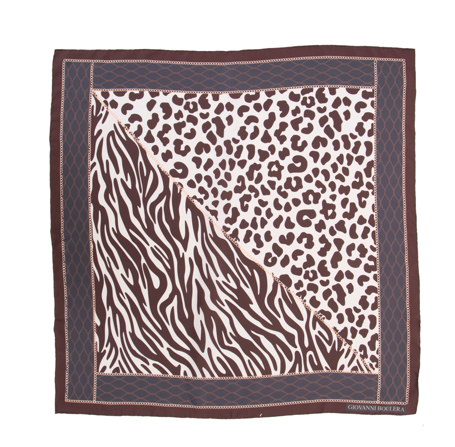 Giovanni Boulera Kahverengi Leopar Desenli Mulberry Twill İpek Eşarp 90x90 cm