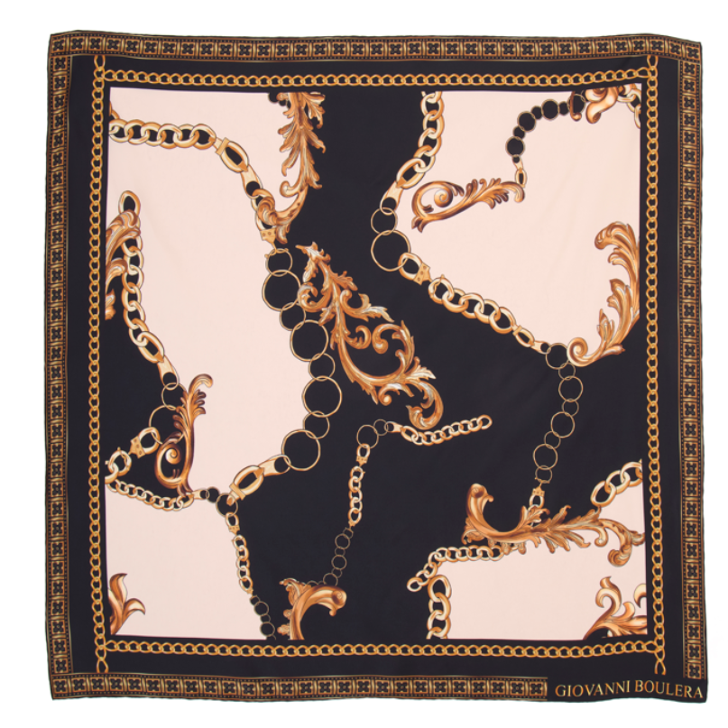 Giovanni Boulera Golden Chain Patterned Mulberry Twill Silk Scarf 90x90 cm
