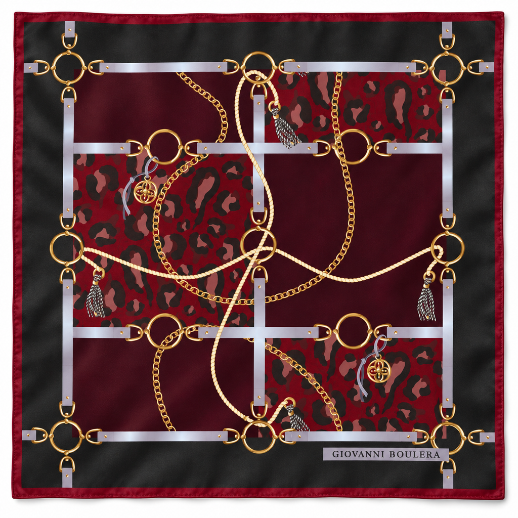 Giovanni Boulera Siyah Bordo Leopar Zincir Desenli Mulberry Twill İpek Eşarp 65x65 cm