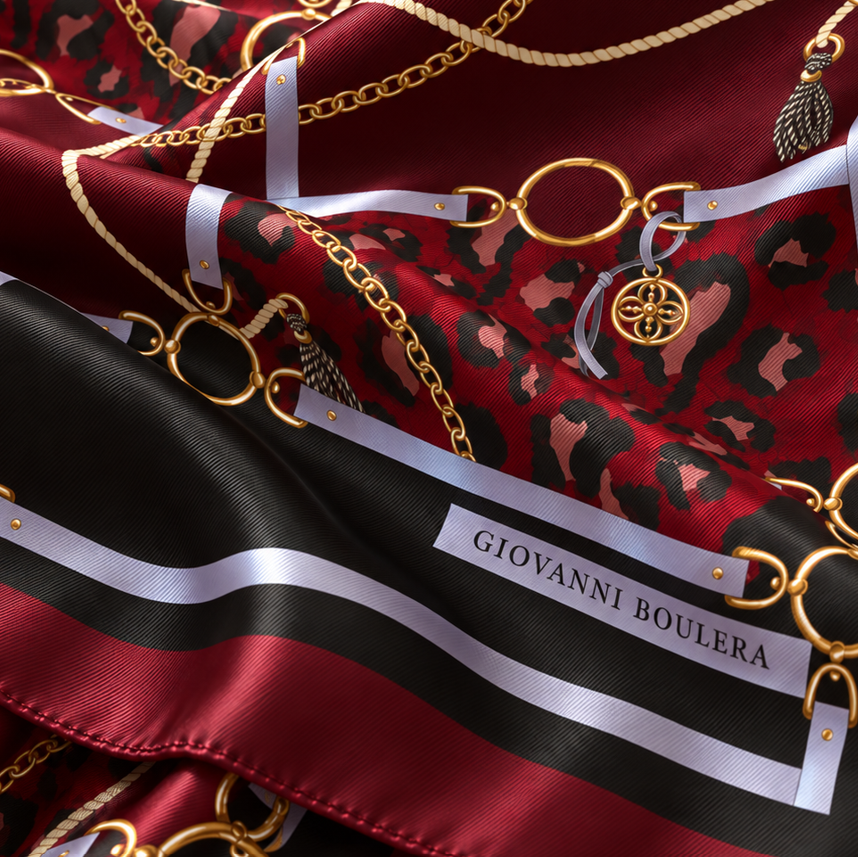 Giovanni Boulera Siyah Bordo Leopar Zincir Desenli Mulberry Twill İpek Eşarp 65x65 cm