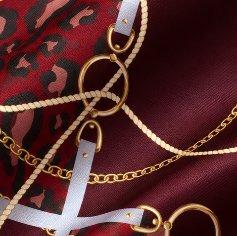 Giovanni Boulera Siyah Bordo Leopar Zincir Desenli Mulberry Twill İpek Eşarp 65x65 cm