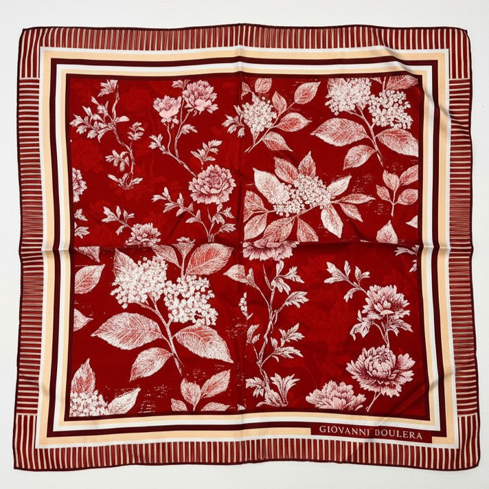 Giovanni Boulera Bordered Floral Pattern Mulberry Twill Silk Scarf 65x65 cm