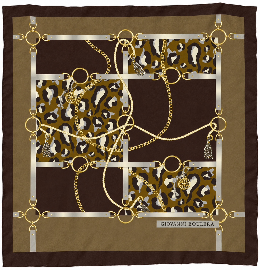 Giovanni Boulera Kahverengi Leopar Zincir Desenli Mulberry Twill İpek Eşarp 65x65 cm