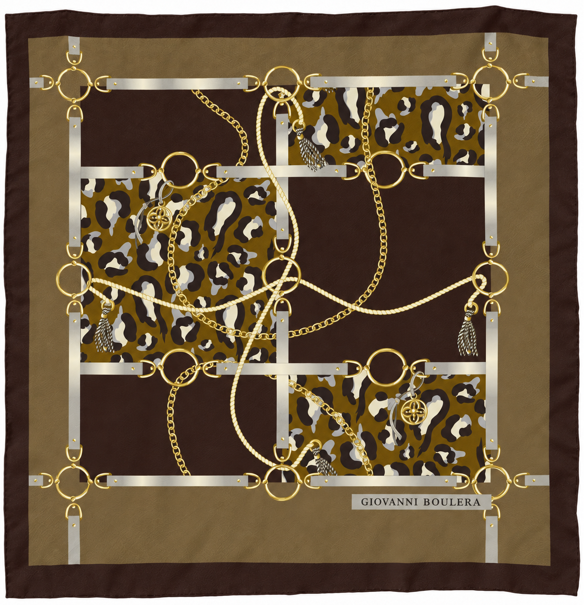 Giovanni Boulera Kahverengi Leopar Zincir Desenli Mulberry Twill İpek Eşarp 65x65 cm