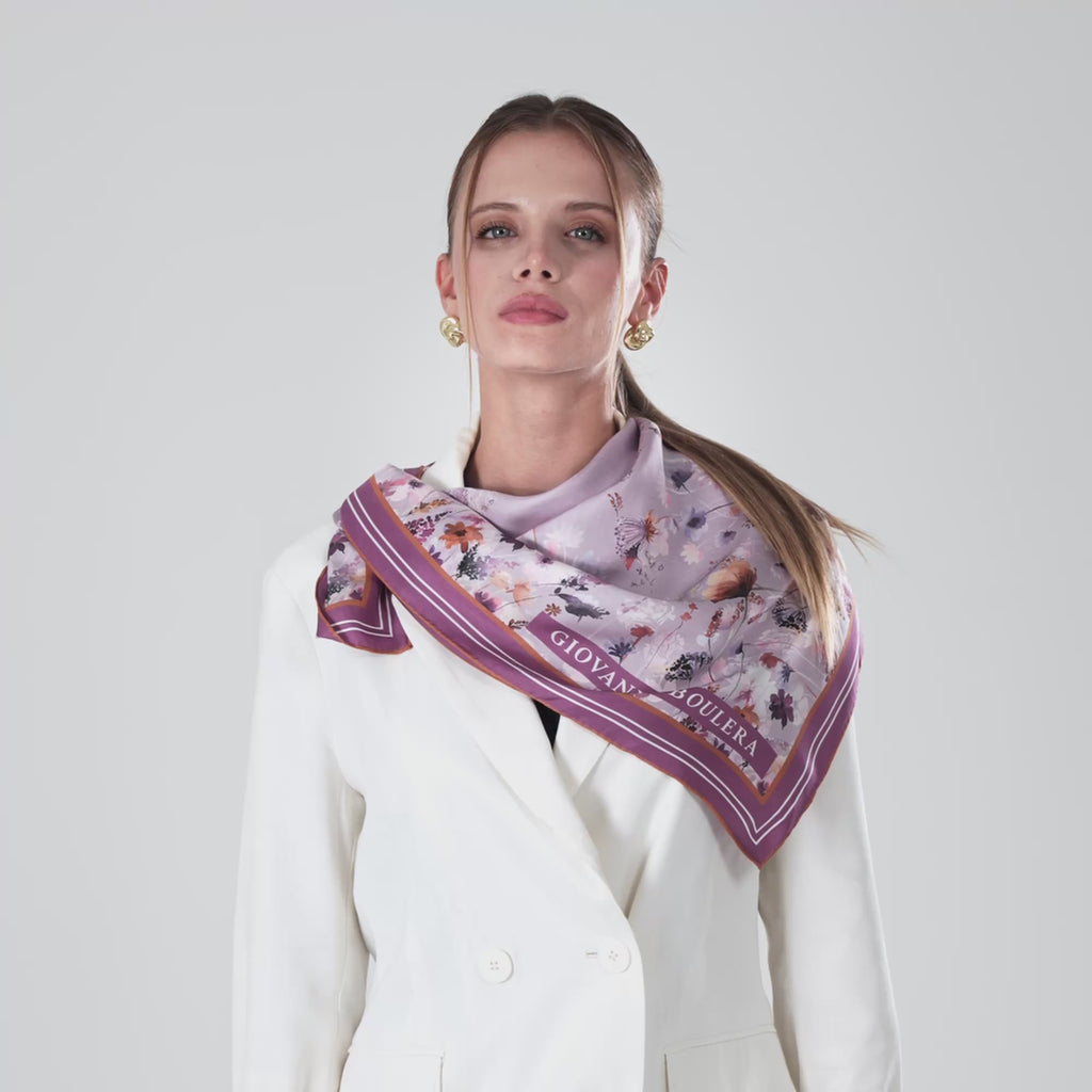 Giovanni Boulera Lila Garden Pattern Mulberry Twill Silk Scarf 90 x 90 cm