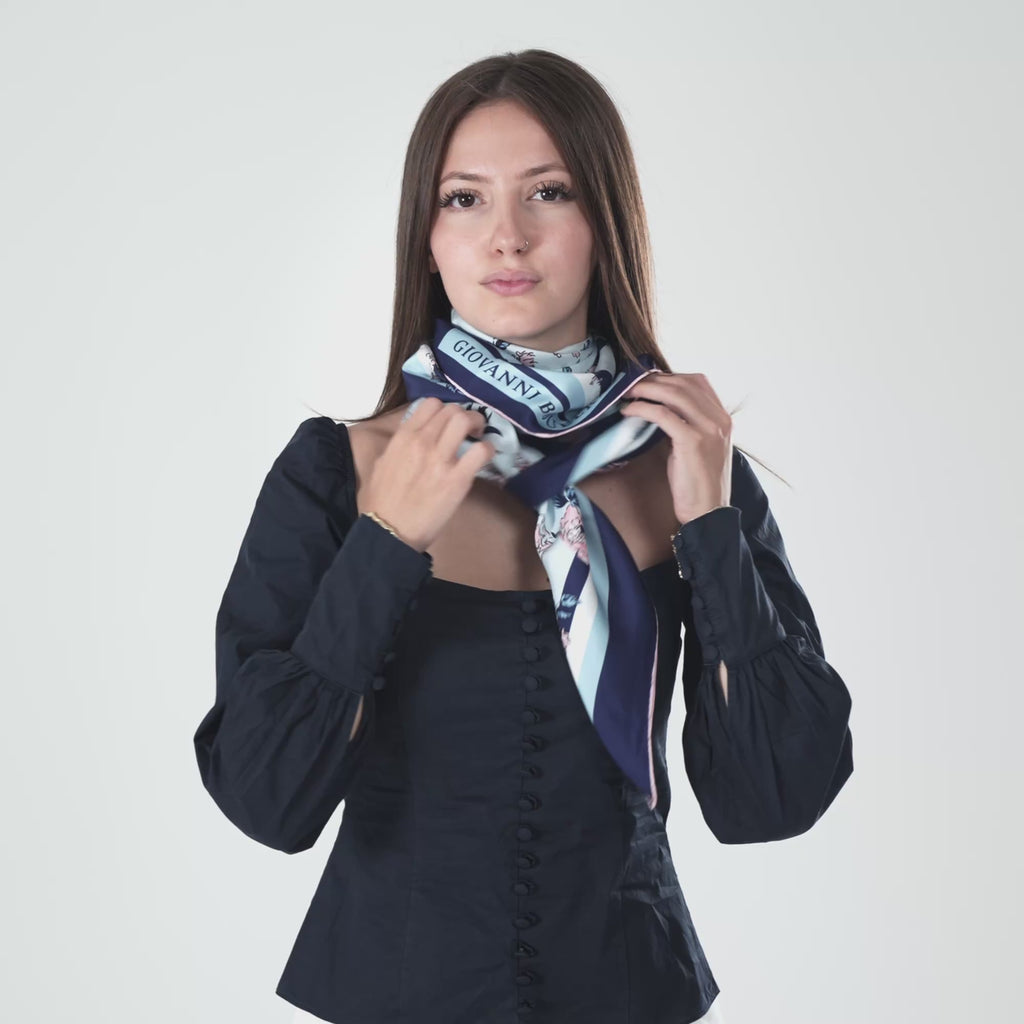 Giovanni Boulera Navy Pink Garden Flowers Pattern Mulberry Twill Silk Scarf 90x90 cm