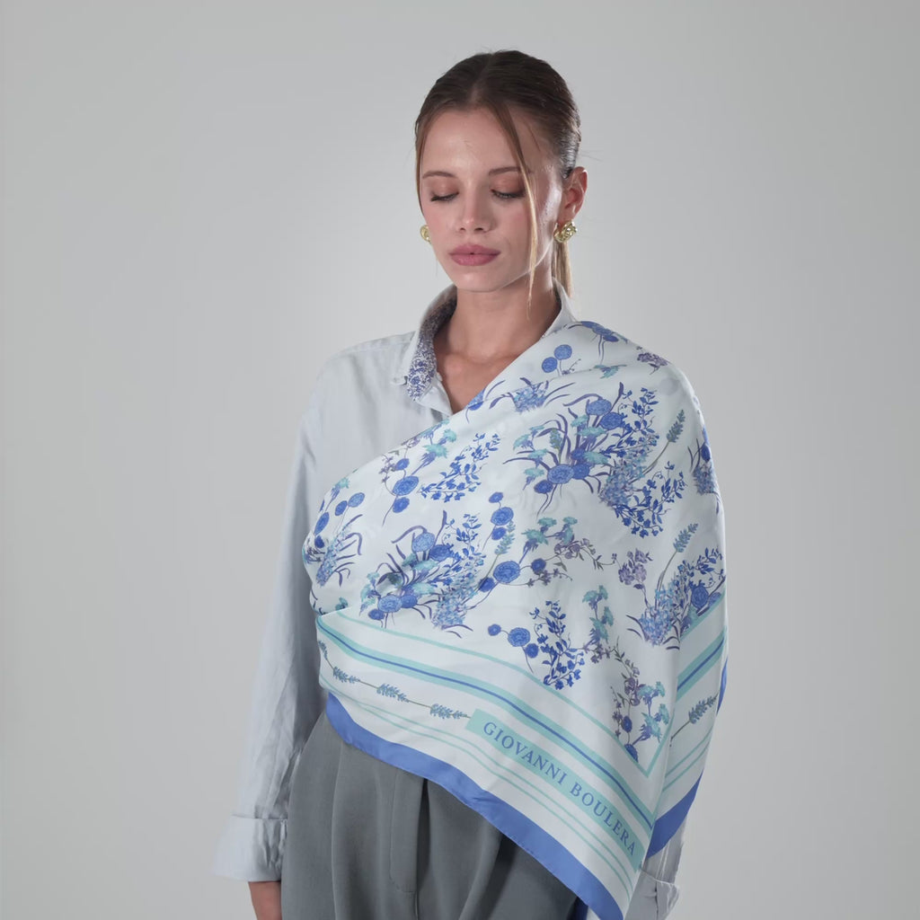 Giovanni Boulera Blue Wildflower Patterned Mulberry Twill Silk Scarf 90x90 cm