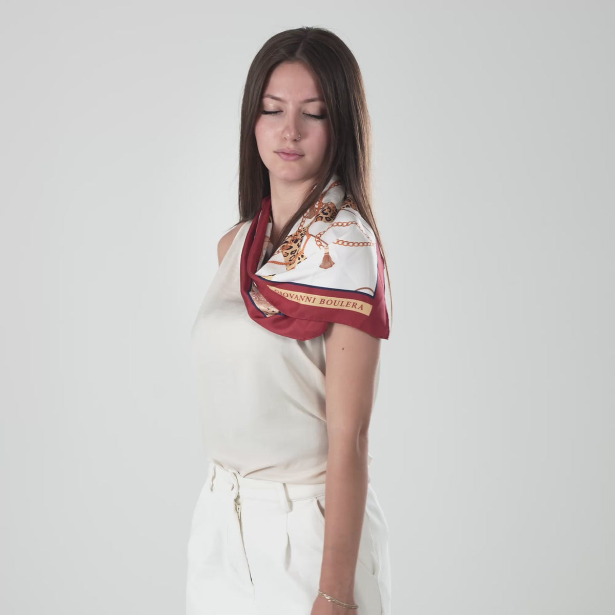 Giovanni Boulera Bordo Leopar Zincir Desenli Mulberry Twill İpek Eşarp 65x65 cm