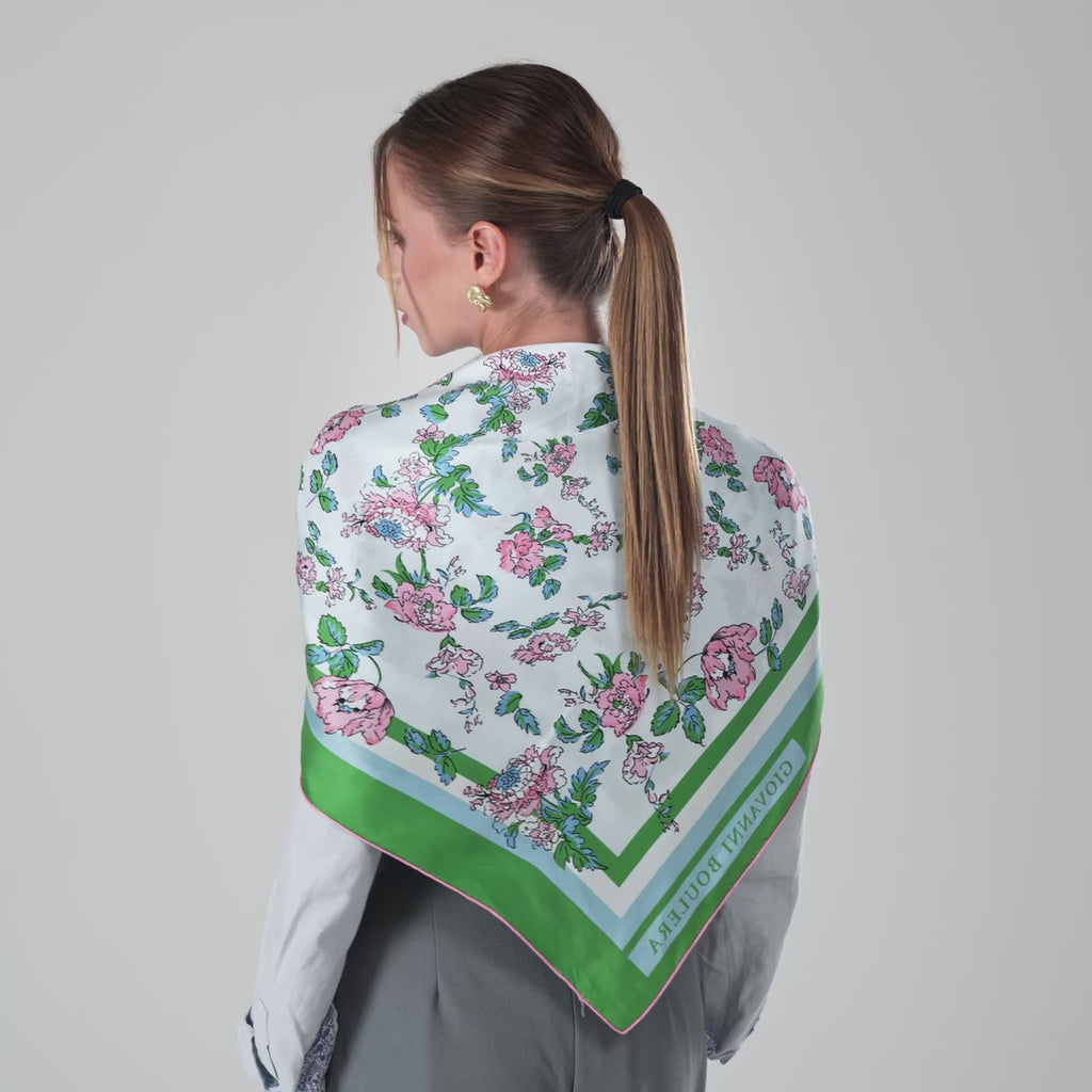 Giovanni Boulera Green Garden Flowers Pattern Mulberry Twill Silk Scarf 90x90 cm