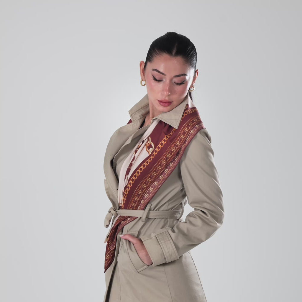 Giovanni Boulera Burgundy Gold Chain Pattern Mulberry Twill Silk Scarf 90x90 cm